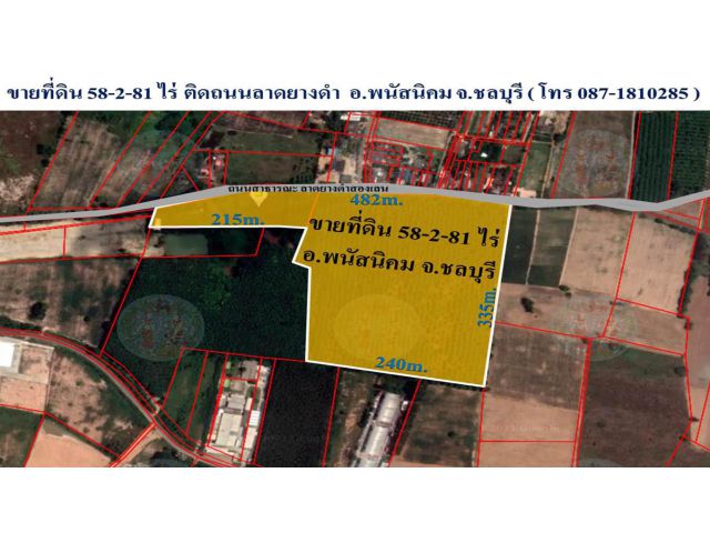 ขายที่ดิน 58-2-81 ไร่ ติดถนนลาดยางดำ ต.หนองเหียง อ.พนัสนิคม จ.ชลบุรี