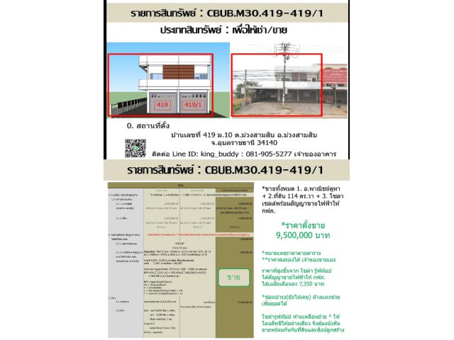 ขายอาคารพาญิชย์ติดถนนชยางกูร ธนาคาร ธ.ก.ส.ม่วงสามสิบ จ.อุบล 2 คูหา และ ที่ดินทั้งหมด+พร้อมโซล่าเซลล์+โกดังหลังอาคาร(ปัจจุบันเงินเทอโบเช่าอยู่)