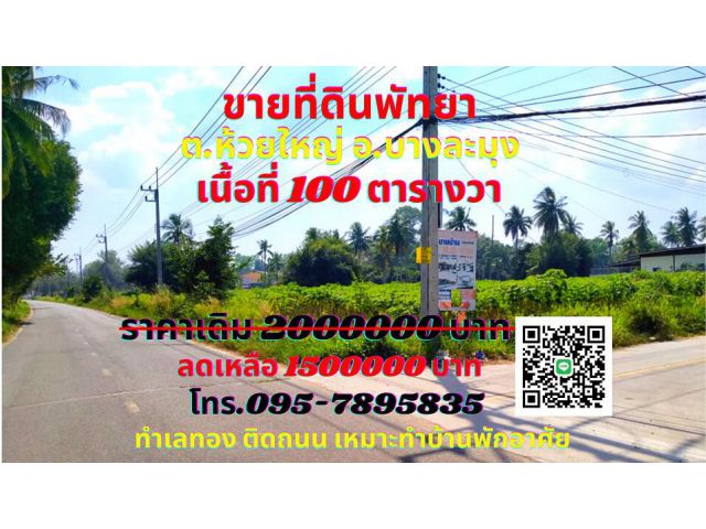 ขาย ที่ดินพัทยา 100 ตารางวา ต.ห้วยใหญ่ อ.บางละมุง ทำเลทองติดถนน ใกล้โรงเรียนมาบฟักทอง