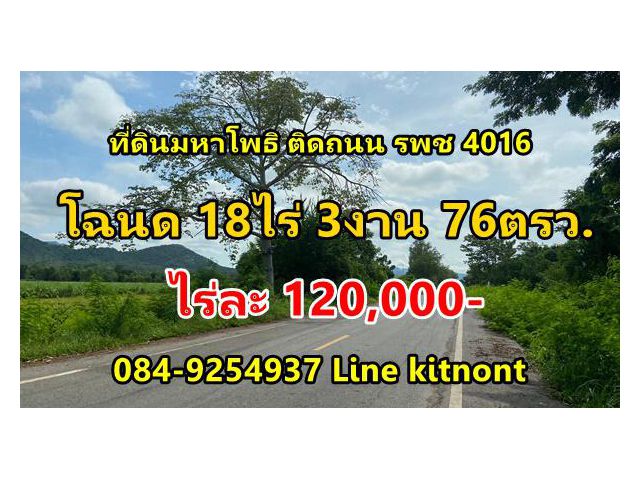 ที่ดินติดถนน รพช.หมายเลข 4016 เนื้อที่18 ไร่ 3 งาน 76 ตรว. สนใจติดต่อ 084-9254937 L440