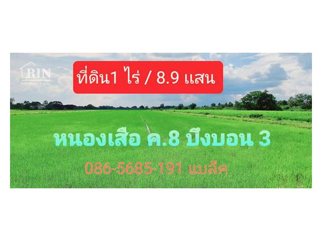 R034-04 ขายที่ดินถูก 1 ไร่ หนองเสือ คลอง 8 บึงบอน 3 เเค่ 8.9 แสน