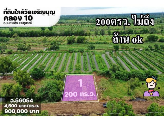 200ตรว. คลอง10 หนองเสือ จ.ปทุมธานี ที่ดินใกล้วัดเจริญบุญ