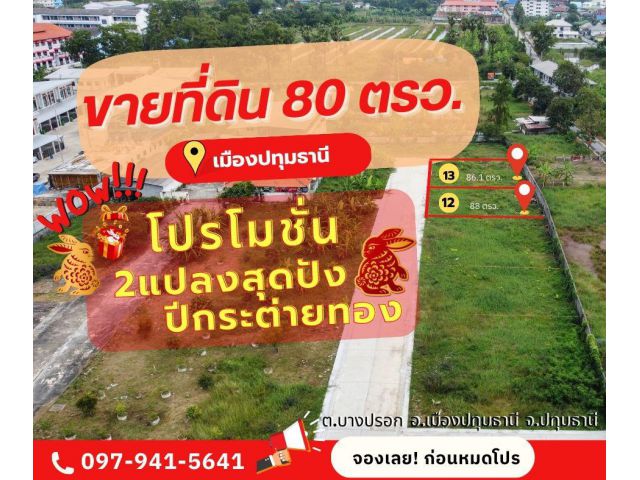 ที่ดินแบ่งขาย ที่ดินอำเภอเมืองปทุมธานี ราคาพิเศษ ลด 10000 บาท โฉนดพร้อมโอน