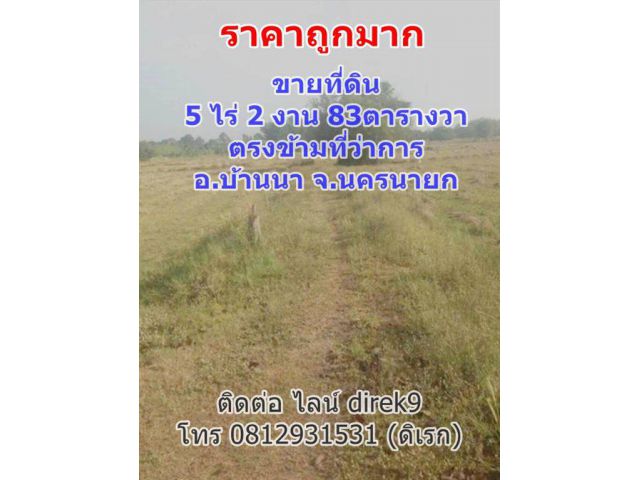 ขายที่ดิน จังหวัดนครนายก, บ้านนา 5ไร่ 2งาน 83ตรว. ตรงข้ามที่ว่าการ อ.บ้านนา ซ.โรงแรมดวงตะวัน โทร 0819128799