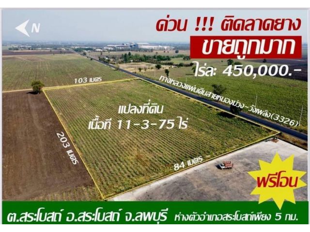 ขายที่ติดทางหลวงแผ่นดินหนองม่วง-วังเพลิง(3326) 11-3-75ไร่ อ.สระโบสถ์ จ.ลพบุรี