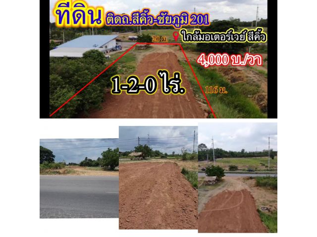 ตัดใจขาย ที่ดินติดถนน 201 อ.สีคิ้ว | 1-2-0 ไร่ | 2.4 ล้าน (600 ตร.öวา )(กว้าง 20 ม. × ยาว 116 ม.)