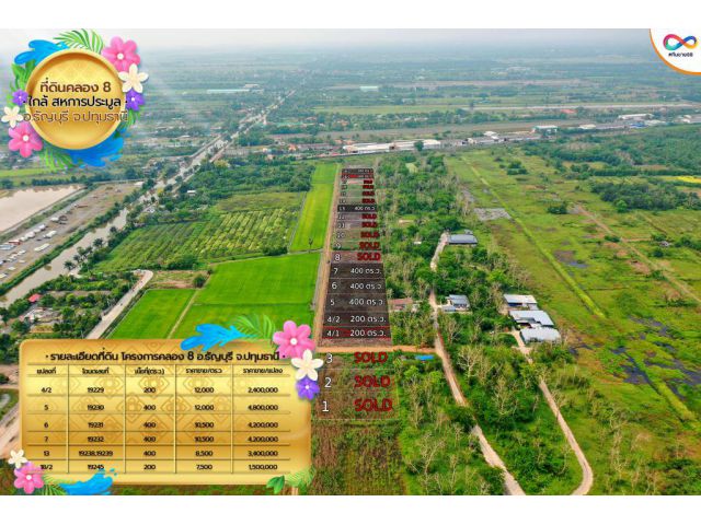 ที่ดินเปล่า คลอง 8 ธัญบุรี ปทุมธานี ใกล้สหการประมูลรังสิต คลอง 8 พื้นที่ สีชมพู และ สีม่วง