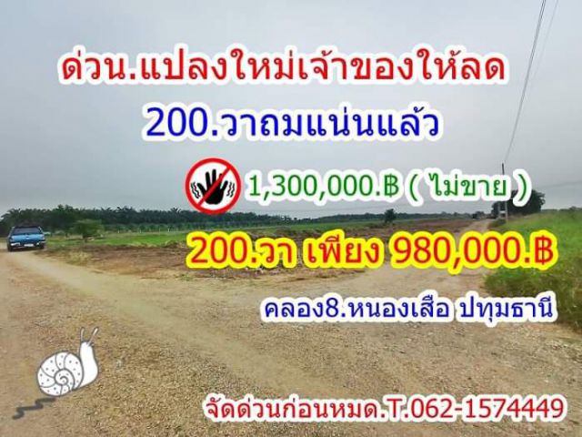 200.วา แปลงใหม่เจ้าของใจร้อนขายถูกมากพิกัดคลอง8.หนองเสือ.T.062-1574449