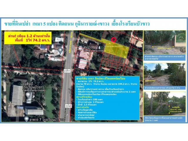 ขายด่วน!!! ที่ดินกุฉินารายณ์ในเขตเทศบาล  เยื้องโรงเรียนบัวขาวทางไปเขาวง  1ไร่  74 ตรว.