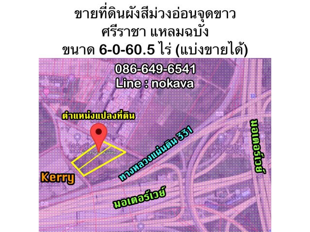 ขายที่ผังม่วงอ่อนจุดขาว ศรีราชา แหลมฉบัง ใกล้ถนน331 6 ไร่ แบ่งขายได้