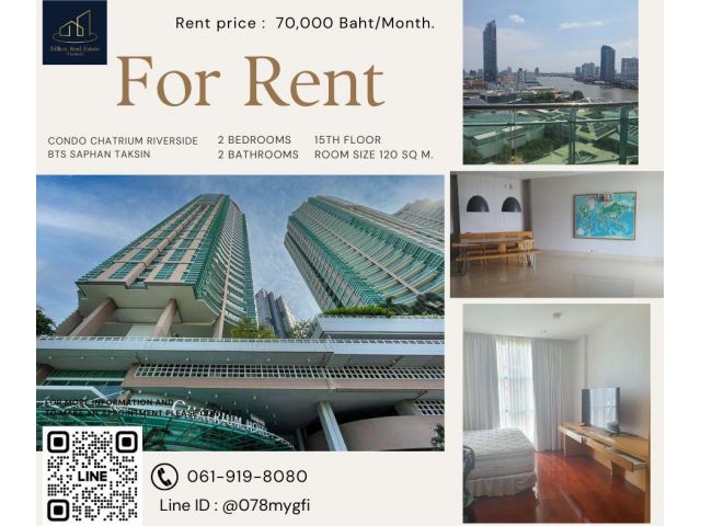 For Rent "Chatrium Riverside Residence" -- 2 Beds 120 Sq.m. 70,000 Baht -- Luxury condo along the Chao Phraya River!