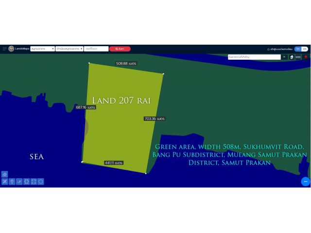 ขายที่ดินติดทะเล 207ไร่ พื้นที่สีเขียว หน้ากว้าง 508ม. ถนนสุขุมวิท ตำบล บางปู อำเภอเมืองสมุทรปราการ สมุทรปราการ