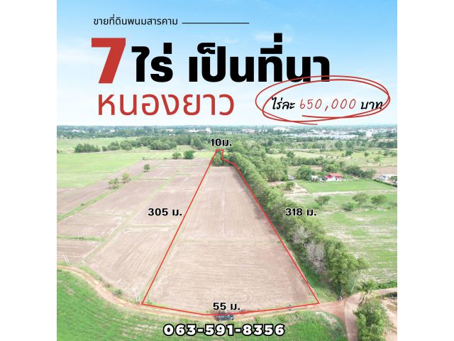 ขายที่ดินหนองยาว 7 ไร่ เป็นที่นา ใกล้ถนนเส้น 3002 - 900 เมตร ใกล้ตลาดพนม - 2 กม. พนมสารคาม ฉะเชิงเทรา