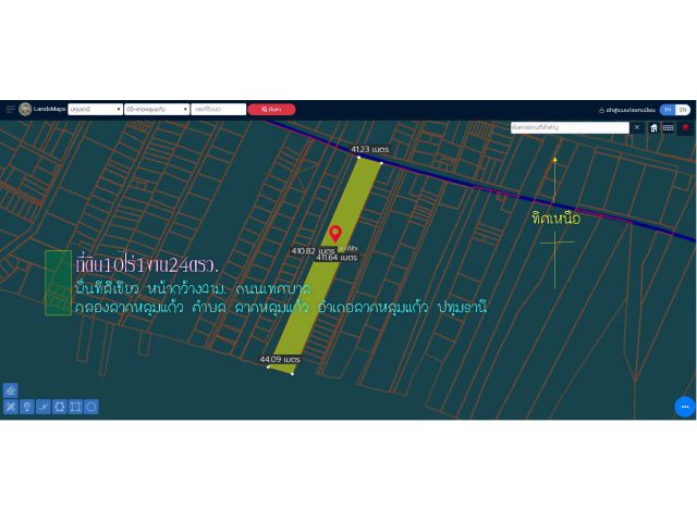 ที่ดิน10ไร่1งาน24ตรว. พื้นที่สีเขียว หน้ากว้าง41ม. ถนนเทศบาล คลองลาดหลุมแก้ว  ตำบล ลาดหลุมแก้ว อำเภอลาดหลุมแก้ว ปทุมธานี