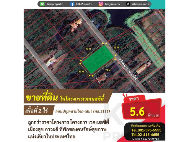 ขายที่ดินถมแล้ว 2 ไร่ ในโครงการเวลเนสซิตี้ ถนนปทุม-สามโคก-เสนา(ทล.3111), บางไทร, พระนครศรีอยุธยา