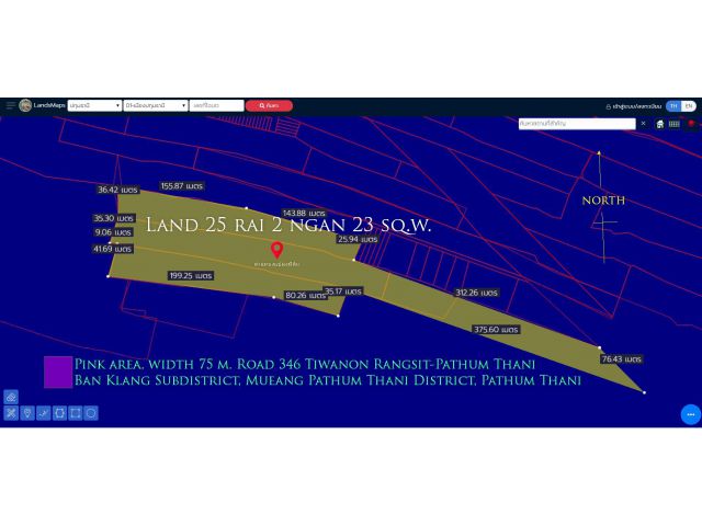 ที่ดิน25ไร่2งาน23ตรว. พื้นที่สีชมพู หน้ากว้าง 75ม. ถนน346 ติวานนท์  รังสิต-ปทุมธานี ตำบล บ้านกลาง อำเภอเมืองปทุมธานี