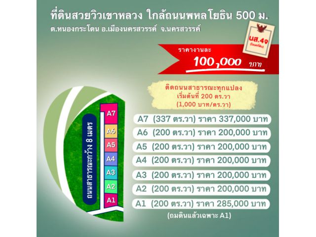 วิวเขาสวยๆ ใกล้ ถ.พหลโยธิน 500 ม. งานละ 100,000.-