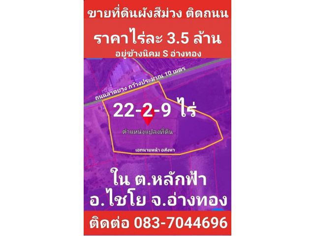 ขายที่ดินผังสีม่วง 22 ไร่ ข้างนิคม S อ่างทอง