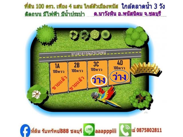 ขายที่ดิน 100 ตรว ราคาขาย 400,000 ใกล้ตลาดน้ำ 3 วัง ข้าง รร.บ้านน้ำซับ ข้างป้อมตำรวจ น้ำซับ