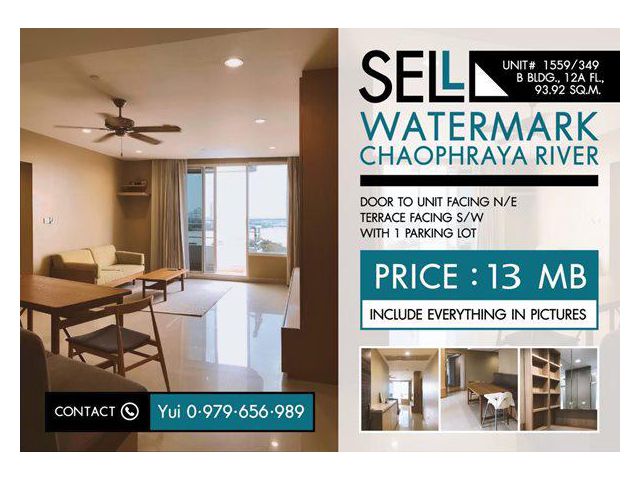 ขายพร้อมผู้เช่า คอนโด Watermark Chaophraya River 94 ตรม. ชั้น 12A ตึก B โทร. 0979.656.989 เจ้าของขายเอง pet-friendly เลี