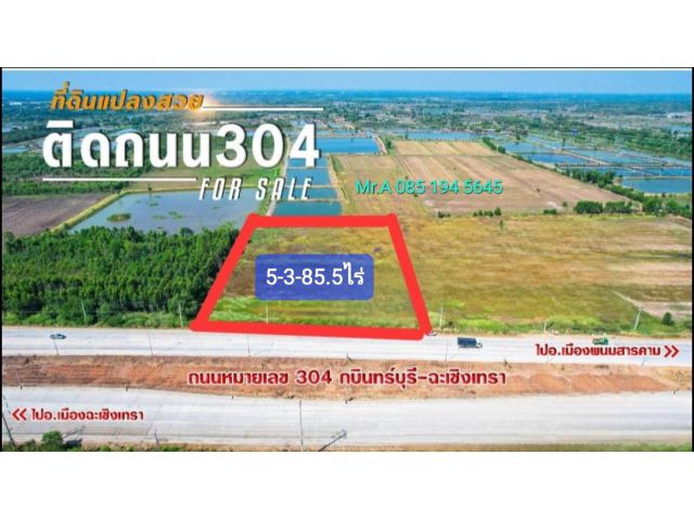 ขายที่ 5-3-85ไร่ หน้าติดถนน304 เยื้องสนามกอล์ฟซันไรส์ลากูล ต.ท่าทองหลาง บางคล้า ฉะเชิงเทรา