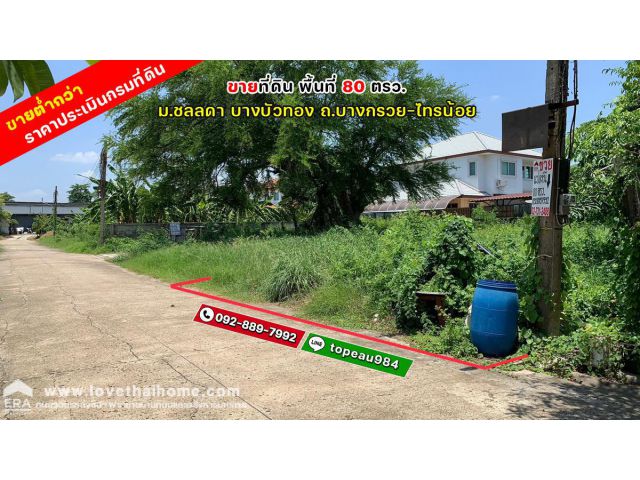 ขายที่ดิน ถ.บางกรวย-ไทรน้อย หมู่บ้านชลลดา บางบัวทอง พื้นที่ 80 ตรว. ขายต่ำกว่าราคาประเมินกรมที่ดิน วาละ 22,000 บาท