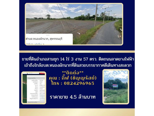 ขายที่ดินอำเภอสามชุก14ไร่3 งาน57ตรว.ติดถนนลาดยางไฟฟ้าเข้าถึงใกล้อบต.หนองผักนากที่ดินสวยบรรยาการดีเดินทางเข้าออกสะดวก