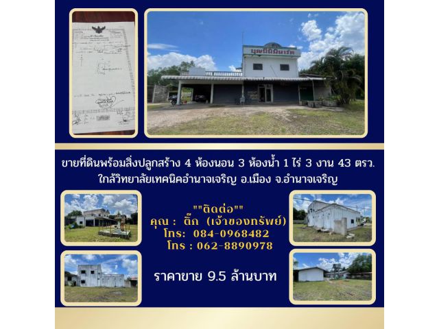 ขายที่ดินพร้อมสิ่งปลูกสร้าง4ห้องนอน3ห้องน้ำ1ไร่3งาน43ตรว.ใกล้วิทยาลัยเทคนิคอำนาจเจริญอ.เมือง จ.อำนาจเจริญ