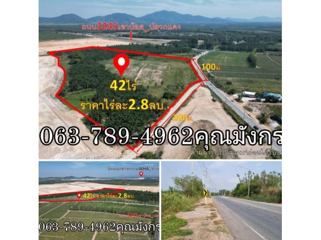 ที่ดิน 42 ไร่ อ.หนองใหญ่ จ.ชลบุรี พื้นที่สีม่วงลาย  หน้ากว้างติดถนนรวม 300เมตร  เหมาะสำหรับทำโรงงาน โกดัง ไร่ละ2.8ล้าน