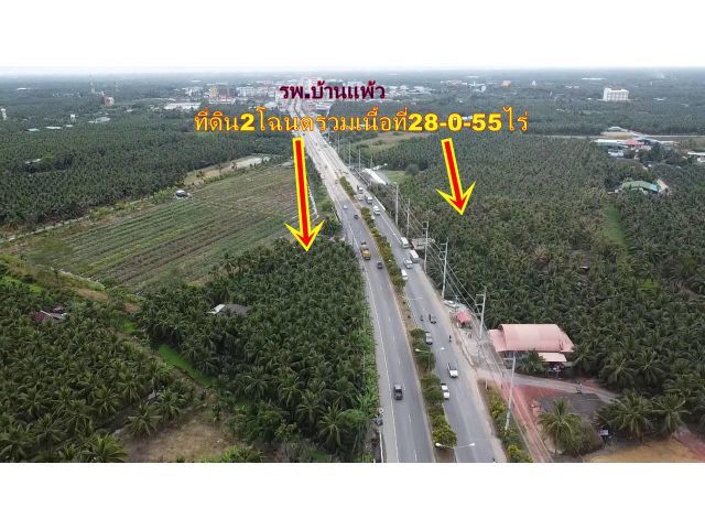 ที่ดินบ้านแพ้ว 28 ไร่ 55 ตร.วา ติดถนนบ้านแพ้วนครปฐม2ฝั่ง ห่างโรงพยาบาลบ้านแพ้วประมาณ 1 กม หน้ากว้างติดถนนประมาณ 170 เมตร