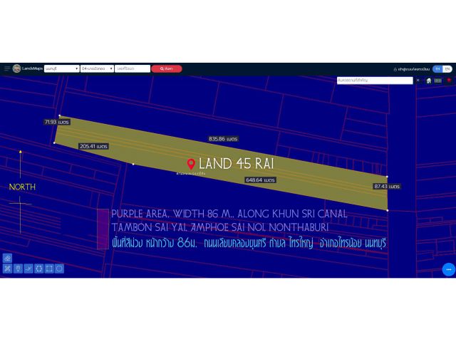 ที่ดิน45ไร่ พื้นที่สีม่วง หน้ากว้าง 86ม. ถนนทางหลวงชนบท นบ.5031 ตำบล ไทรใหญ่ อำเภอไทรน้อย นนทบุรี