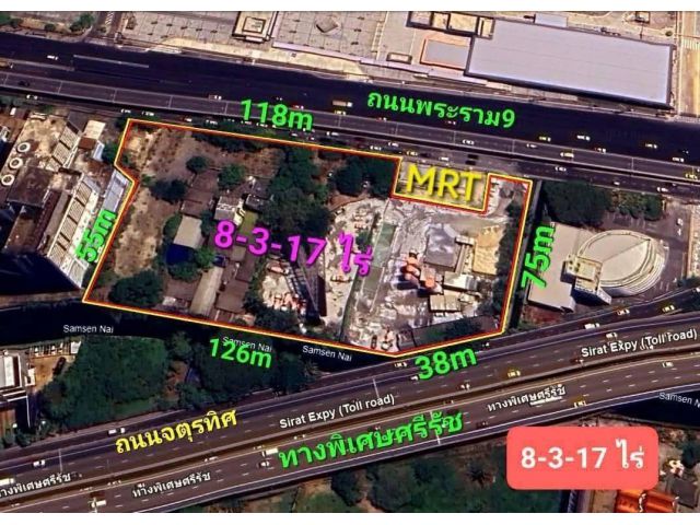 R68-09ขายที่ดิน 8 ไร่ ติดถนนพระราม9 เนื้อที่ 8-3-17 ไร่ (3,517 ตรว.) หน้ากว้าง 118 เมตรหลังกว้าง 126 เมตรลึก 90 เมตร มี MRT หน้าที่ดิน ผังสีส้ม