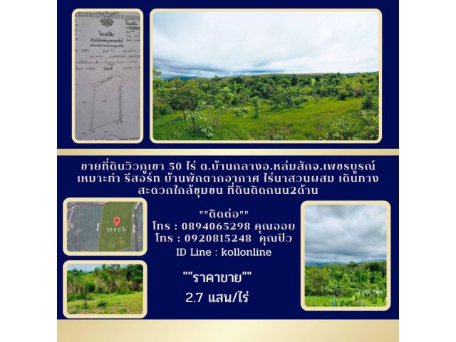 ขายที่ดินวิวภูเขา50ไร่ต.บ้านกลางอ.หล่มสักจ.เพชรบูรณ์เหมาะทำ รีสอร์ท บ้านพักตากอากาศ ไร่นาสวนผสม เดินทางสะดวกใกล้ชุมชน