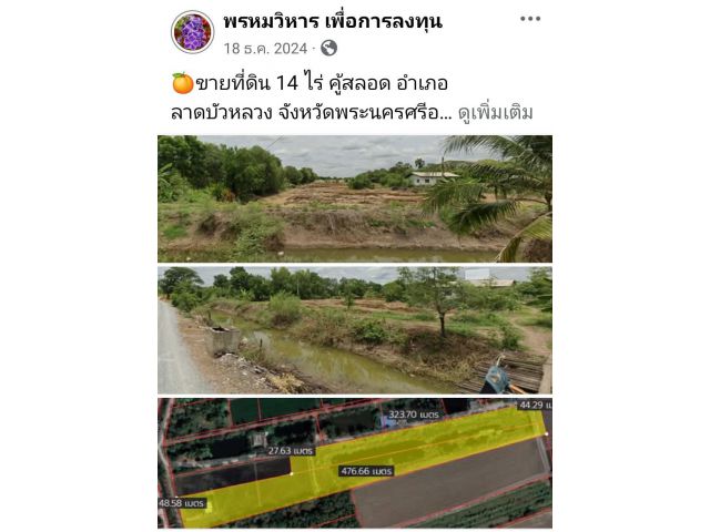 ขายที่ดิน 14 ไร่ คู้สลอด อำเภอลาดบัวหลวง จังหวัดพระนครศรีอยุธยา