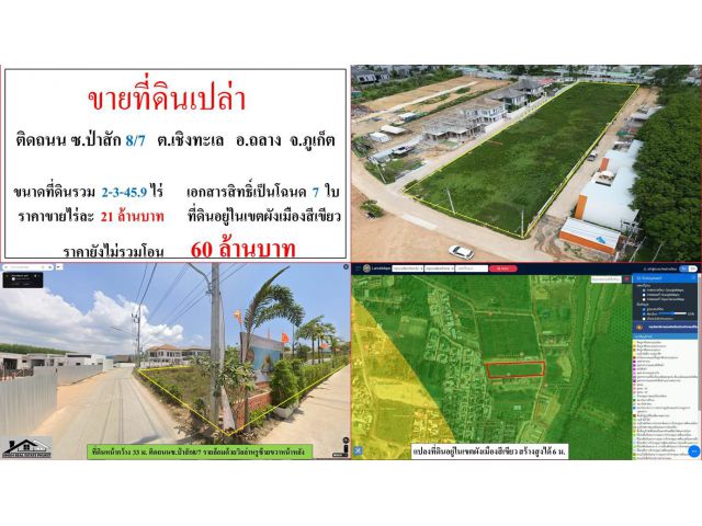 ขายที่ดินเปล่า ขนาด 2-3-45.9 ไร่  **ติดถนน ซ.ป่าสัก 8/7 เชิงทะเล**  อ.ถลาง ภูเก็ต