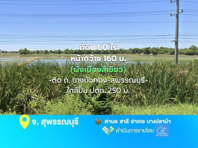 ที่ดิน 60 ไร่ หน้ากว้าง 160 ม. ติด ถ. บางบัวทอง-สุพรรณบุรี (340) (ผังเมืองสีเขียว) ใกล้ปั๊ม ปตท. 250 ม.