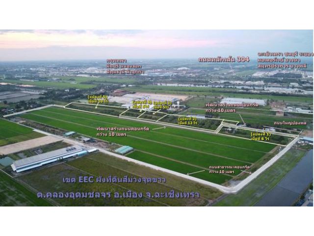 ขายที่ดินถมแล้ว เขต EEC ผังม่วง แปลงสีเหลี่ยมหน้ากว้าง เนื้อที่ 5 – 12 ไร่ ติดถนนคอนกรีต  อ.เมือง ฉะเชิงเทรา